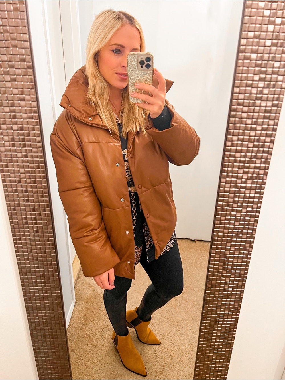 Women's Brown Puffer Leather Jacket